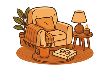 Cozy home interior with armchair for relaxation and comfort. Hygge lifestyle concept with book, hot coffee. Peaceful autumn retreat, warm evening reading. Vector illustration.