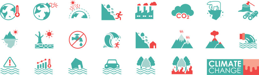 Climate Change Icon Set &ndash; Global Warming, Pollution and Natural Disasters