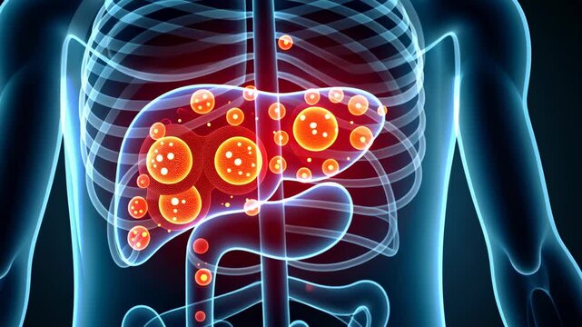 Liver cancer, tumor growth, Hepatic symptoms. Disease visualization. Nodule formation impacts liver health. Hepatoma progresses without pain. Diagnostic imaging aids early detection.