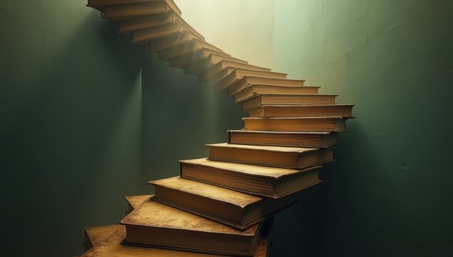 "Artistic concept of a spiral staircase constructed from levitating books, rising through misty air, symbolizing knowledge, growth, and intellectual journey. Muted tones create a dreamlike atmosphere.