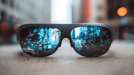 Augmented Reality Glasses reflecting a digital cityscape blending futuristic tech with urban life offering a glimpse into the future