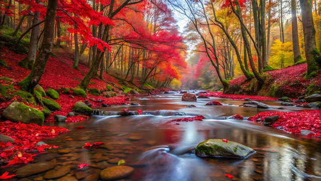 Crimson leaves drifting down a forested creek autumn nature landscape seasonal fall foliage scenery  