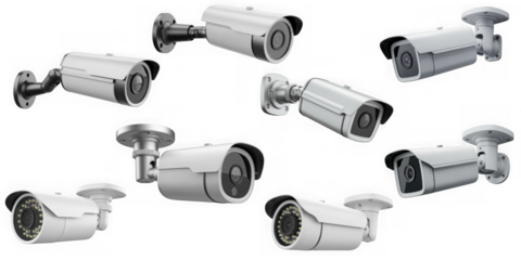 Collection of modern outdoor security cameras on a black background
