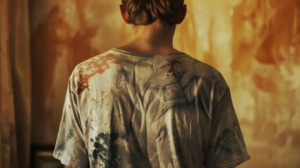 A person stands in front of a grimy or dirty wall, possibly with graffiti or vandalism