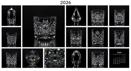 Fototapeta premium Collection of intricately patterned crystal glasses on a dark background