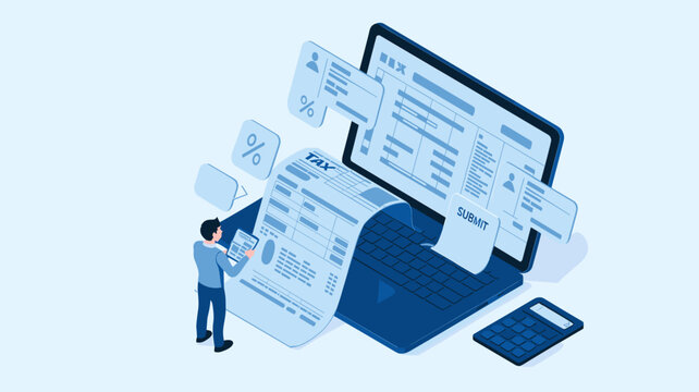 accountant filing tax form online with laptop, isometric vector illustration, digital accounting, financial documentation and e-invoicing