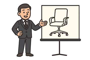 Businessman presenting a new office chair on a presentation screen. Sales pitch concept. Product demonstration. Corporate training, seminar, meeting. Office furniture.