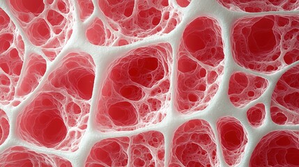 A close-up view of a textured, organic structure with red and white colors, resembling cellular formations.