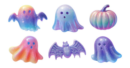 Colorful Halloween Ghosts and Pumpkin in Vibrant Style on Background