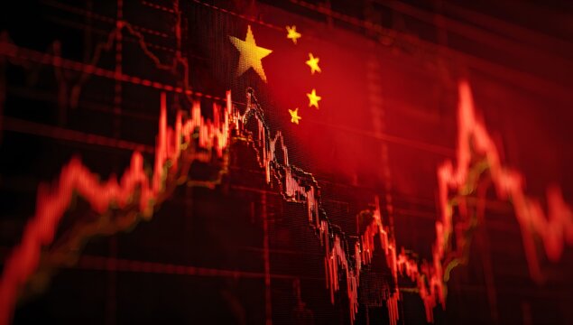 A red stock market graph with the china flag in front of it, representing global economic trends and tech investors' financial news. - Powered by Adobe