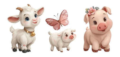 Cute Farm Animals with Butterfly on Transparent Background