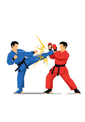 Obraz premium Two karateka athletes in action during a competition.