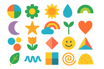 Colorful flat icon set. Simple cartoon symbols. Nature, weather, and geometric shapes. Sun, flower, rainbow, star, heart, and smiley face. Vector illustration design elements.
