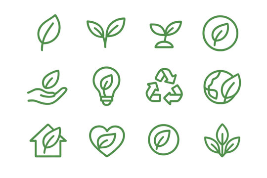 Ecology and sustainability icon set. Collection of minimalist leaf, plant, and eco-themed symbols. Green energy, recycling, organic growth, and nature conservation concepts.