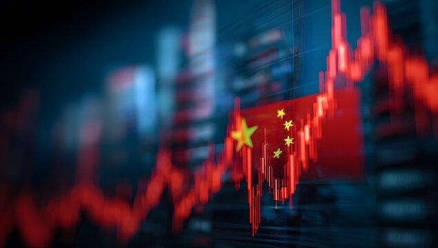 A red stock market graph with the china flag in front of it, representing global economic trends and tech investors' financial news.