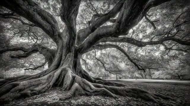 Majestic old oak tree with sprawling roots and branches in monochrome