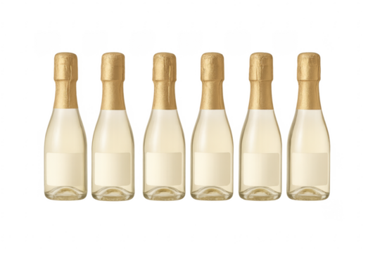 Seven mini champagne bottles standing on transparent background