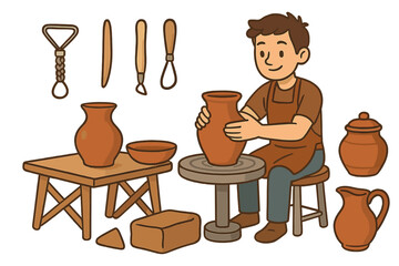 Potter man character creating a clay pot on a wheel. Craftsmanship and hobby concept. Vector set with pottery tools, earthenware, jug, vase. Artisan in a workshop.