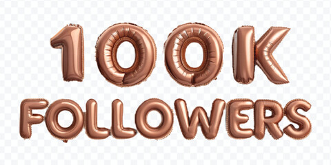 realistic 3d 100K FOLLOWERS typography made by with different colour foil balloons isolated on transparent background