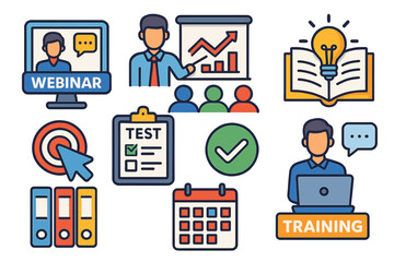 Training and education icon set. Business webinar, e-learning, presentation, seminar concepts. Vector illustration for corporate course, skill development, knowledge, goal, test.