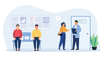 Patients sitting in chairs and waiting for doctor's appointment time at hospital. Man and woman at physician's office or hospital. Medical vector illustration concept.