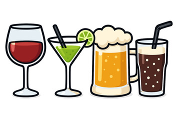 Drinks icon collection. Set of alcohol and soft beverages. Red wine glass, green cocktail, beer mug and cola. Vector cartoon illustration for bar menu, party or pub concept.