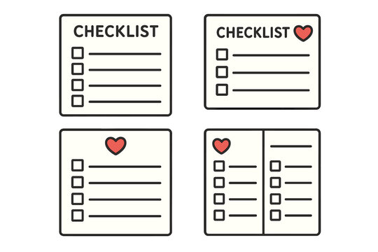 Checklist and to-do list vector icon set. Minimal notebook paper or planner pages with heart symbol for self-care, wish list, or survey. Simple task management concept.