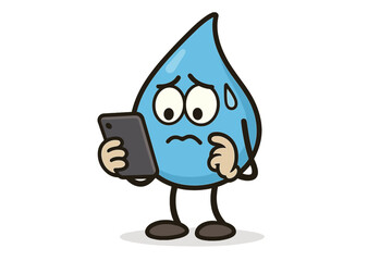 Worried water drop character looking at phone. Anxious mascot with smartphone getting bad news. Stress, fear and uncertainty concept. Sad, scared cartoon emotion vector.