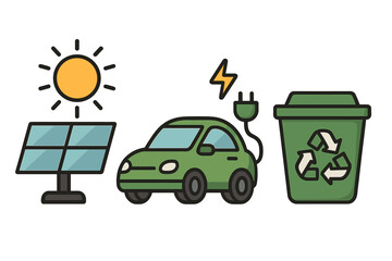 Eco friendly concept with sustainable energy solution icons. Solar power panel, electric vehicle charging, and recycling bin. Green technology for environmental conservation.