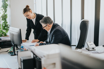 Two business people are working together in a modern office environment, discussing documents.