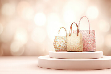 Elegant handbags with soft light and dreamy glow, displayed on round podium, create luxurious and feminine atmosphere, perfect for fashion and accessory concepts