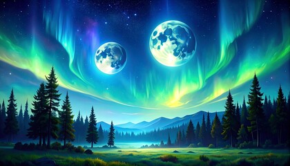Naklejka premium Magical Night Sky Over a Forest with Aurora Borealis and Two Moons.
