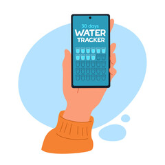 Hand holding a smartphone with a 30-day water tracker app. Concept of mobile hydration tracking and healthy daily habits. Ideal for wellness and fitness themes. Flat vector illustration