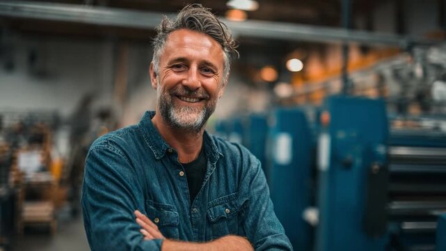 Mastering Manufacturing: A seasoned individual, arms crossed, embodies leadership and expertise against the backdrop of a modern production plant, radiating confidence and precision. 