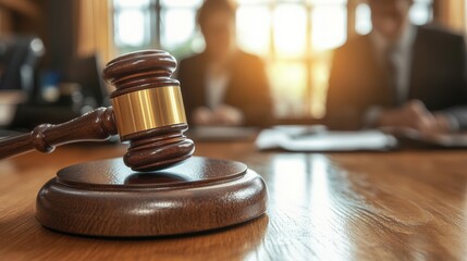 A gavel rests on a wooden desk, symbolizing justice, while professionals engage in discussion in the background, indicating a legal setting.