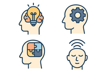 Mental process icons. Cognition, idea, thinking, logic, psychology, problem solving, mindfulness. Head silhouette with lightbulb, gear, puzzle. Brainstorming vector set.