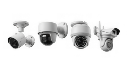 Collection of various security surveillance cameras on black background