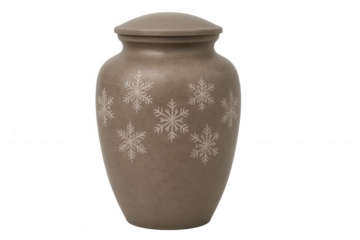 Brown ceramic funeral urn decorated with snowflakes, isolated on transparent background, offering a winter or holiday-themed memorial