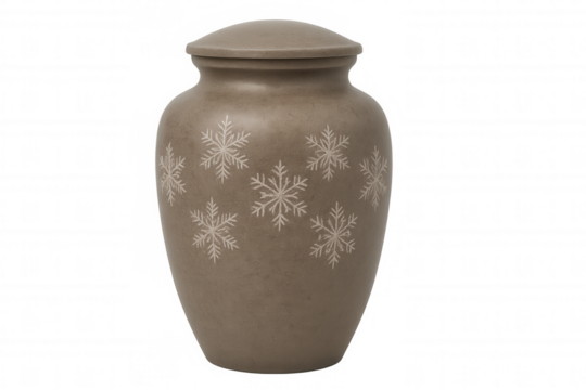 Brown ceramic funeral urn decorated with snowflakes, isolated on transparent background, offering a winter or holiday-themed memorial