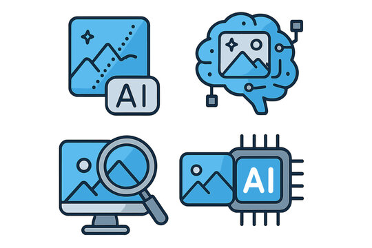 AI image processing vector icon set. Artificial intelligence technology for photo enhancing and digital media. Concepts for machine learning, computer vision, and neural networks.