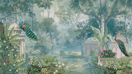 Mughal garden forest wallpaper with palace, domes, peacock, palm trees and floral plants illustration © MdSayeed