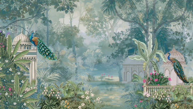 Mughal garden forest wallpaper with palace, domes, peacock, palm trees and floral plants illustration