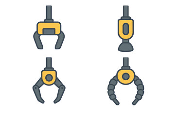 Robotic gripper icon set for industrial automation. Robot arm claw and mechanical manipulator vector collection. Illustrations for manufacturing and technology concepts.