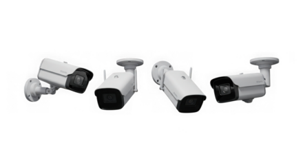 Four white bullet security cameras against a black background