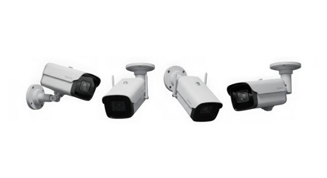 Four white bullet security cameras against a black background