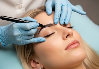 Naklejka premium Eyebrow Microblading Procedure in a Beauty Salon.