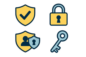 Security symbols for trust, protection, safety in digital contexts. Vector icon set. Cyber security, data protection, privacy concepts. Shield, padlock, key, user access icons.