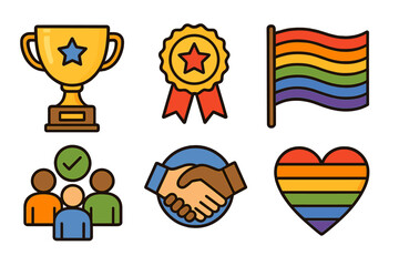 Icon set for diversity, inclusion, and equality. LGBTQ pride celebration with rainbow flag and heart. Teamwork, success, and achievement symbols like trophy and medal.