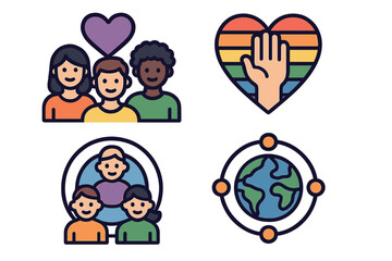 Icon set for community, diversity, and global connection. Vector concepts for teamwork, social network, and LGBTQ pride. Flat design for tolerance and acceptance projects.