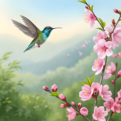 Fototapeta premium A delicate hummingbird hovers gracefully, sipping nectar from vibrant pink blossom